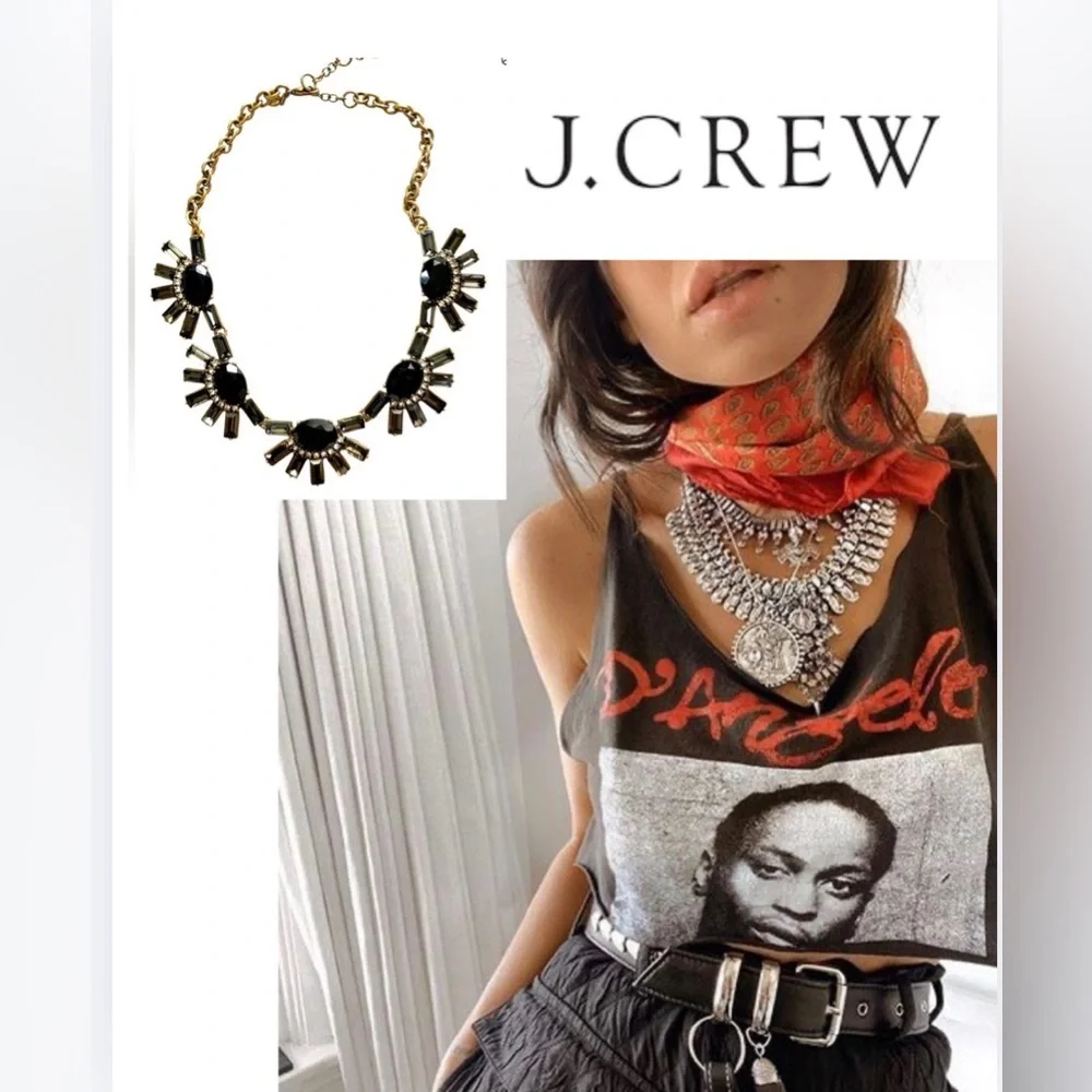JCrew Statement Necklace Black & Bronzed Gold with Rhinestones